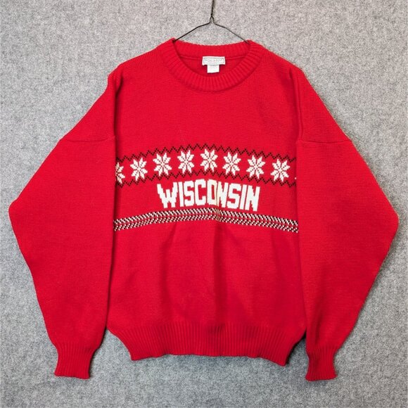 Vintage Wear A Knit Wisconsin Badgers Red Hockey Christmas Sweater Mens XL USA
